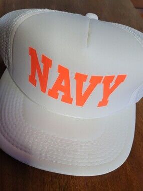 White Ballcap Style Hat with Neon Orange NAVY Logo (C02)